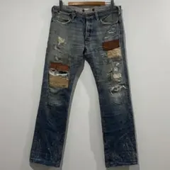 OLD JOE パッチワーク ヴィンテージ加工 デニム パンツ W32 馬レザーのサムネイル