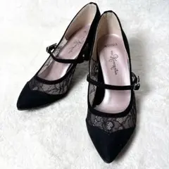 【極美品】銀座かねまつ パンプス 23 黒 レース ストラップ