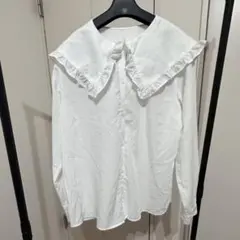 美品　GUフリル付きの大きな襟の長袖ブラウス　ホワイトシャツ セーラーカラー　L