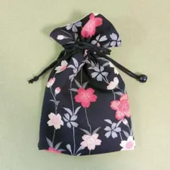 巾着袋 花柄 黒×赤