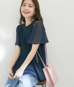 vis 洗える フレアーシフォンプリーツ半袖ブラウス