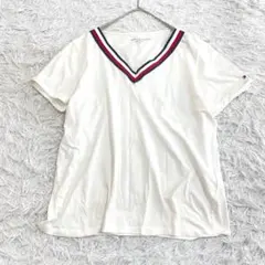 トミーヒルフィガー Tシャツ M Vネック トリコロール ホワイト カットソー