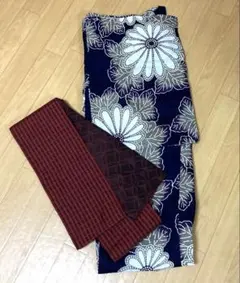 新品未使用】しつけ糸付 桔梗柄浴衣 高級半幅帯セット（源氏帯
