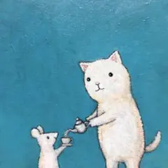 自作絵画　お茶をどうぞ　猫とネズミの絵　絵画　アクリル画　イラスト　原画