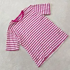 Duixiang Tシャツ 半袖 ボーダー ピンク ホワイト クルーネック L