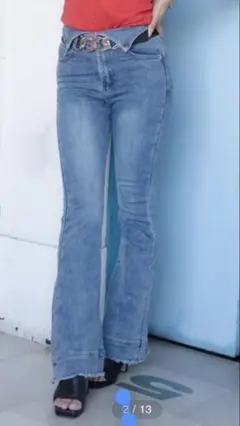 未使用　フレアデニムパンツ　リターンウエストストレッチデニム　ブルー　Sサイズ