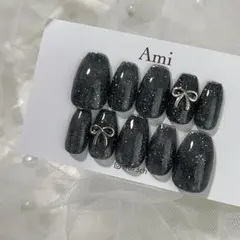 ネイルチップ＊enoiフラッシュ ネイビーガーリーシルバーリボン 韓国ワンホン