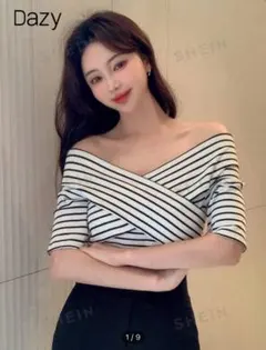 SHEIN DAZY ボーダー ストライプ バルドータイプ クロスラップクロップ