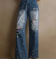 レディース　ダメージデニム　ストーン装飾