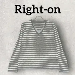 Right-on Ｖネックボーダーカットソー 重ね着風トップス (М) ブラウンのサムネイル