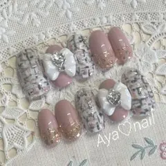 春♡ツイード♡ガーリー♡リボン♡ネイルチップ