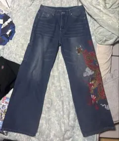 ドラゴン刺繍 ダークブルー ワイドレッグデニム