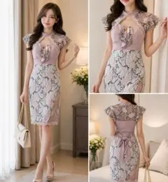 Tika キャバドレス ミニドレス ピンク 花柄刺繍 レースフリルS カップ付