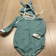 ロンパース・帽子セット 緑と白ストライプ フード付き 80cm