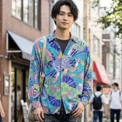 長袖シャツ アート柄 総柄 柄 紫 青 M L ビンテージシャツ