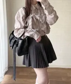 nemne store チェック柄ギャザーリボンブラウス