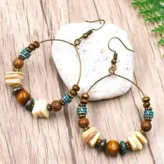 レディース◆ピアス◆フープ◆揺れる◆アジアン◆民族調◆ウッドビーズ◆ハワイアン