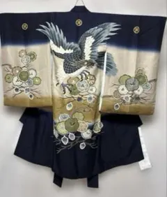 M34-11 正絹 男児 一ツ身着物 初着 祝着 長襦袢付き 紺 鷹 松 - メルカリ