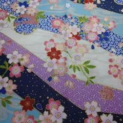 50✕45cmサイズ和柄生地ハギレ 桜、雪輪柄ブルー