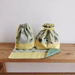 ハンドメイド☆　ランチ3点セット　アニマルズ　グリーン×クリームイエロー