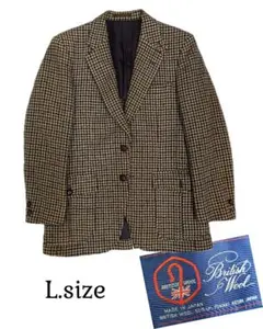 【Vintage】ブラウンウールハウンドトゥース英国ウール地ジャケットL寸j72