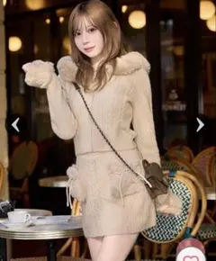 ミシェルマカロン♡ファーポケットニットセットアップ新品タグ付フリーサイズベージュ