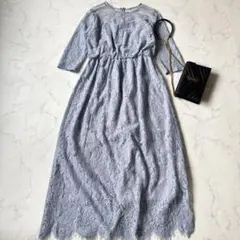 総レース ロングドレス S-M ブルーグレー 七分袖 結婚式 発表会◆7051