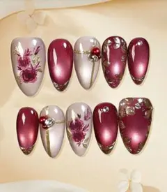 ネイルチップ　Luxury Press On Nails - 赤と金の花柄