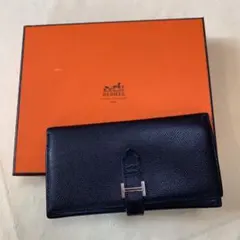 エルメス ベアン クロコダイル ポロサス ロングウォレット ブルー系 