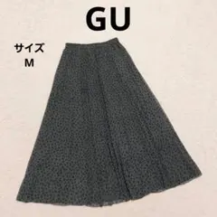 GU ジーユー レオパード柄 プリーツロングスカート M チャコールグレー 総柄