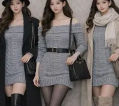 【BELIEVE】グレー オフショルダー ニットセーター ワンピース