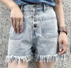 GORGE ライトブルー フリンジヘム ショートパンツ