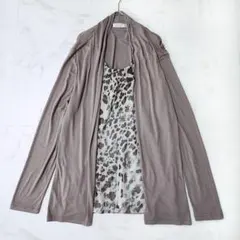 ドンナプロイビート　重ね着風カットソー　ブラウン　ヒョウ柄　異素材使い　XL