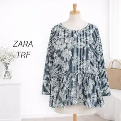 ザラ　ZARA　ペプラム　花柄カットソー　コットン　総柄　長袖　ネイビー 白