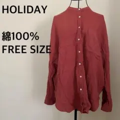 【HOLIDAY】綿100%/長袖シャツ/赤/レッド/透け感/ノーカラーシャツ