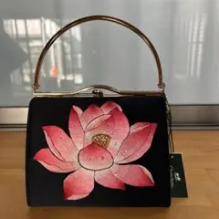 蓮の花刺繍 ハンドバッグ 黒