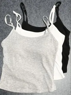 カップ付きキャミソールセット 灰白黒 クロップド シーイン JP-L(S)サイズ