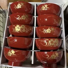 【中古】赤い汁椀 10個セット 扇子と花の模様19-384 赤い汁椀 10個セット 金色の花模様 - メルカリ