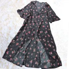 w closet ロングカーディガン 花柄 半袖 黒 フリル袖 薄手 F