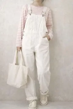白 オーバーオール Lサイズ コットン100％ 韓国ガーリー　ナチュラル系
