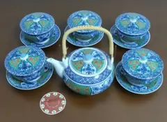 青と緑の花柄 陶器茶器セット