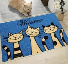 猫柄マット　40×60cm ブルー　滑り止めパッド4枚付き