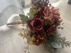 アートフラワーブーケ ウェディングブーケ　赤オレンジ　ブートニア付き