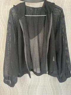 フード付きブラックカーディガン レディース パーカー 4L 春服 夏服 メッシュ