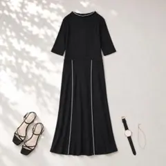 ミコアメリ［F］美品◎大人クール◎スリット◎バイカラー◎リブ編みロングワンピースのサムネイル