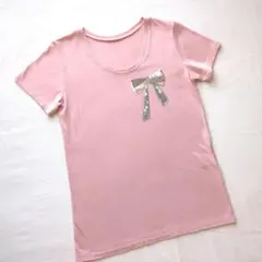 K.T KIYOKO TAJASE 半袖Tシャツ　ピンク スパンコール リボンのサムネイル
