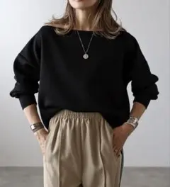 Bonjour Sagan オフショルダー　リブ袖カットソー　ブラック