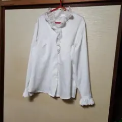 @フリル 　レース　長袖シャツ　 白　ブラウス　M　上品　清楚　音楽　ステージ