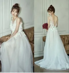 dress production フラワーレースVネックAラインドレス　W279