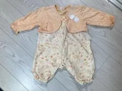 80 長袖カバーオール 西松屋 ドレス風 女の子 オレンジ 耳付 レース リボン